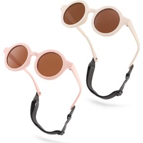 Bouryo Polarized Cute Round Sunglasses Flexible Newborn Baby Sunglasses with Strap for Infant Boys Girls Ages 0-24 Months