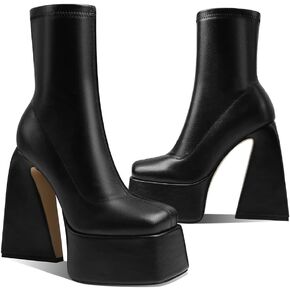 Uacllcau Platform Boots for Women Mid Calf Boots Square Toe Chunky High Heel Boots Side Zipper Ankle Booties