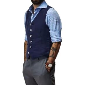 ALSOGO Men's Linen Suit Vest V-Neck Vest Dress Slim Fit Beach Wedding Tuxedo Waistcoat