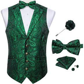 DiBanGu 5PCS Men's Suit Vest and Bow Tie Pocket Square Cufflinks Lapel Pin Set Shawl Collar Paisley Waistcoat Wedding Party
