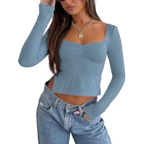 Women Long Sleeve Sweetheart Neck Crop Top Side Slit Y2k Cute Going Out Tops Slim Fit Fall Backless Tee Shirt