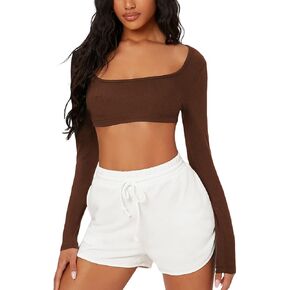 SOLY HUX Long Sleeve Crop Tops for Women Sexy Scoop Neck Rib Knitted Workout Basic Tees Slim Fitted Cropped T Shirts