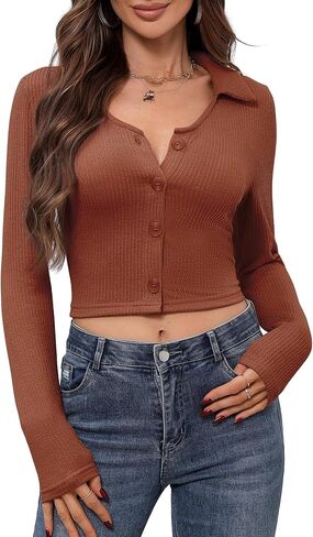 ZAFUL Women's Long Sleeve Crop Top Lapel Collar V Neck Button Down Ribbed Slim Fitted T Shirts Soft Knit Tops in Saudi Arabia