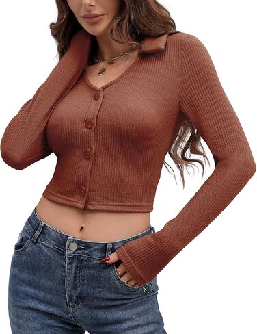 ZAFUL Women's Long Sleeve Crop Top Lapel Collar V Neck Button Down Ribbed Slim Fitted T Shirts Soft Knit Tops in Saudi Arabia