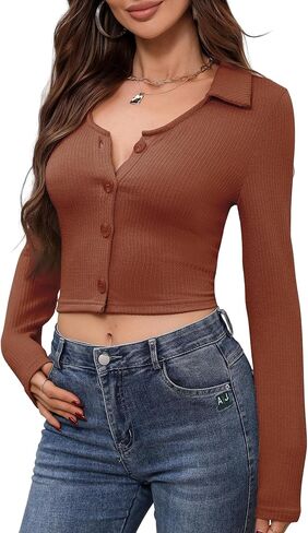 ZAFUL Women's Long Sleeve Crop Top Lapel Collar V Neck Button Down Ribbed Slim Fitted T Shirts Soft Knit Tops in Saudi Arabia