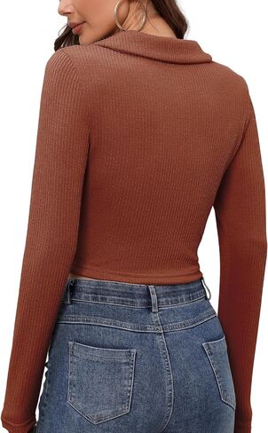 ZAFUL Women's Long Sleeve Crop Top Lapel Collar V Neck Button Down Ribbed Slim Fitted T Shirts Soft Knit Tops in Saudi Arabia
