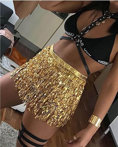 Clataly Belly Dance Sequined Tassel Skirt Hip Scarf Straps Wrap Rave Skirts Rave Music Festival Costume for Women Girls in Saudi Arabia