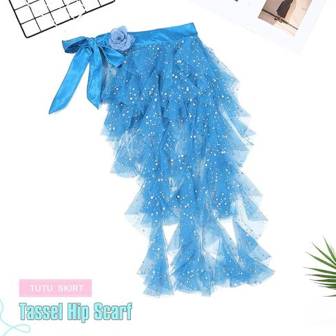 TWINKLEDE Women's Tassel Hip Scarf Sparkly Belly Skirt Layered Tulle Skirt Dance Party Tutu Skirt for Adult in Kuwait