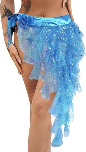 TWINKLEDE Women's Tassel Hip Scarf Sparkly Belly Skirt Layered Tulle Skirt Dance Party Tutu Skirt for Adult in Kuwait