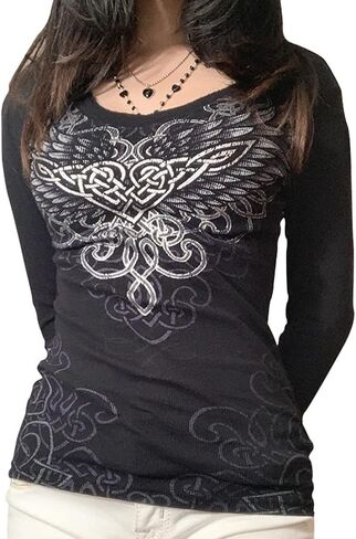 Woxlica Y2K Shirts Long Sleeve V Neck Grunge Aesthetic T Shirt for Women in Kuwait