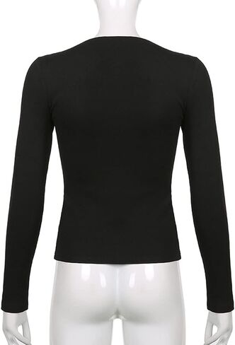 Woxlica Y2K Shirts Long Sleeve V Neck Grunge Aesthetic T Shirt for Women in Kuwait