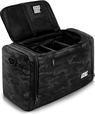 KXKS. (Kicks Kase) حقيبة رياضية مموهة فاخرة وحقيبة سفر من القماش الخشن - 3 فواصل مقصورة قابلة للتعديل - للأحذية والملابس وصالة الألعاب الرياضية (أسود مموه/أخضر حمضي) in Kuwait