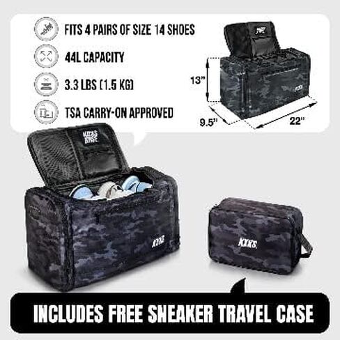 KXKS. (Kicks Kase) حقيبة رياضية مموهة فاخرة وحقيبة سفر من القماش الخشن - 3 فواصل مقصورة قابلة للتعديل - للأحذية والملابس وصالة الألعاب الرياضية (أسود مموه/أخضر حمضي) in Kuwait
