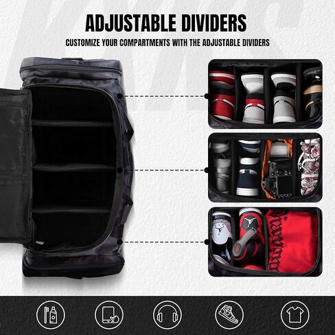 KXKS. (Kicks Kase) حقيبة رياضية مموهة فاخرة وحقيبة سفر من القماش الخشن - 3 فواصل مقصورة قابلة للتعديل - للأحذية والملابس وصالة الألعاب الرياضية (أسود مموه/أخضر حمضي) in Kuwait