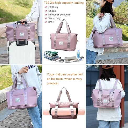 حقيبة سفر من القماش الخشن خفيفة الوزن وقابلة للتوسيع بحزام كتف مزدوج وسعة، حقيبة رياضية للجيم، حقيبة كتف طوال الليل مع جيب مبلل للنساء (أسود) in Kuwait