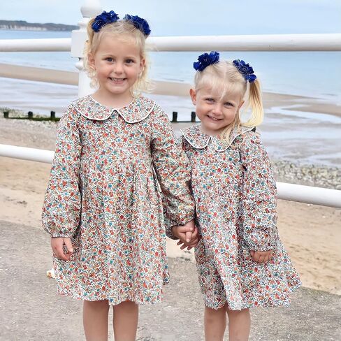 فستان Balatale للفتيات الصغيرات مُزين بالزهور وياقة الدمية وأكمام طويلة فستان متوسط ​​الطول فساتين الخريف والشتاء للفتيات الصغيرات 2-9T in Kuwait