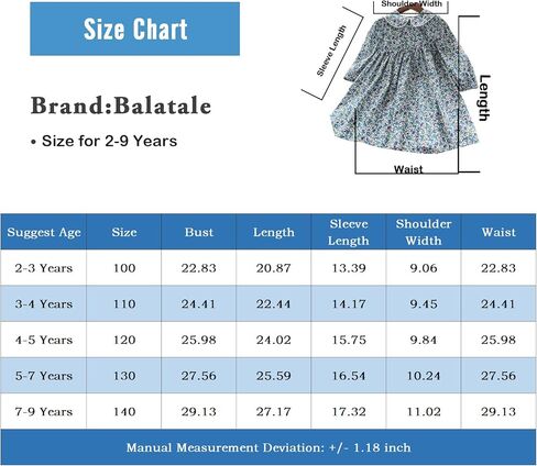 فستان Balatale للفتيات الصغيرات مُزين بالزهور وياقة الدمية وأكمام طويلة فستان متوسط ​​الطول فساتين الخريف والشتاء للفتيات الصغيرات 2-9T in Kuwait