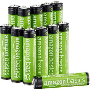 Amazon Basics 12 بطاريات AAA NiMH قابلة لإعادة الشحن، 800 مللي أمبير، 1.2 فولت، تفريغ ذاتي منخفض، مشحونة مسبقًا، إعادة الشحن حتى 1000 مرة in Kuwait