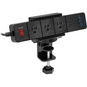 Mount-It! Power Strip Holder Clamp Desk Mount with Included Surge Protector | Black Desktop Power Outlet with 3 USB Ports and 3 AC Power Outlets | Adjustable Power Strip Clamp Mount