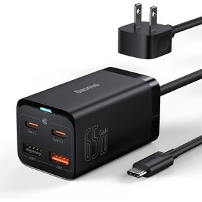 USB C Charger, Baseus 65W PD GaN3 Fast Wall Charger Block, 4-Ports [2USB-C + 2USB] Charging Station with 5ft AC Cable for MacBook Pro/Air, USB-C Laptop, iPhone 13/12, iPad Pro, Samsung Galaxy, etc