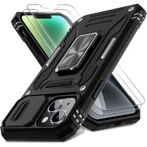 DEERLAMN for iPhone 13 Case, iPhone 14 Case with Slide Camera Cover + Screen Protector(2 Packs), Rotated Ring Kickstand Military Grade Shockproof Protective Cover-Olive Green