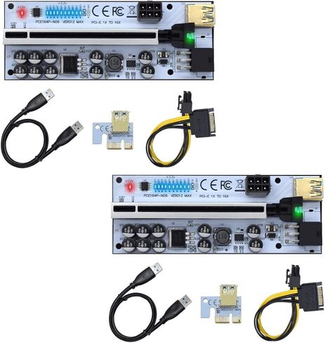 بطاقة محول Pcie Riser، بطاقة تعدين 1X إلى 16X لأجهزة Bitcoin Litecoin ETH مع كابل طاقة Sata 6Pin، Ver012 GPU Pcie 3.0 Riser USB Cable Express Kits-2Pack in Kuwait