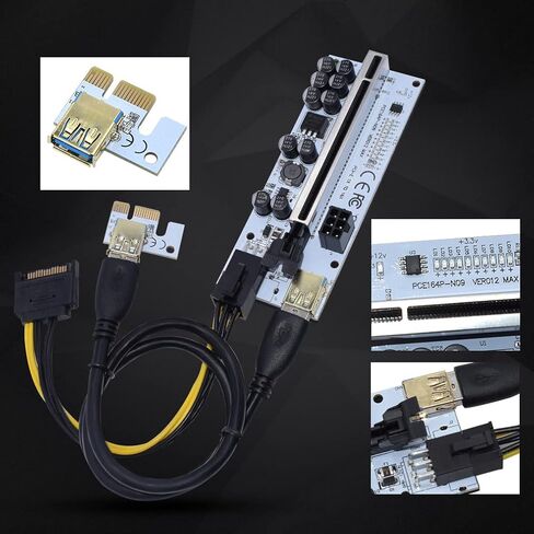 بطاقة محول Pcie Riser، بطاقة تعدين 1X إلى 16X لأجهزة Bitcoin Litecoin ETH مع كابل طاقة Sata 6Pin، Ver012 GPU Pcie 3.0 Riser USB Cable Express Kits-2Pack in Kuwait