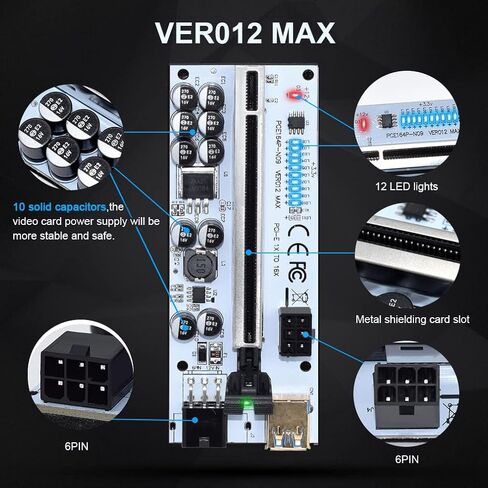 بطاقة محول Pcie Riser، بطاقة تعدين 1X إلى 16X لأجهزة Bitcoin Litecoin ETH مع كابل طاقة Sata 6Pin، Ver012 GPU Pcie 3.0 Riser USB Cable Express Kits-2Pack in Kuwait