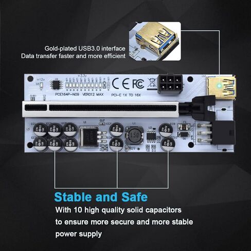بطاقة محول Pcie Riser، بطاقة تعدين 1X إلى 16X لأجهزة Bitcoin Litecoin ETH مع كابل طاقة Sata 6Pin، Ver012 GPU Pcie 3.0 Riser USB Cable Express Kits-2Pack in Kuwait