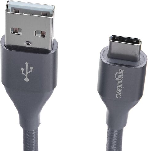 Amazon Basics Nylon Braided USB-C to USB-A 2.0 Fast Charging Cable, 480Mbps Speed, USB-IF Certified, Charge and Sync, for Apple iPhone 16/15, iPad, Samsung Galaxy, Tablets, Laptops, 3 foot, Dark Grey in Kuwait