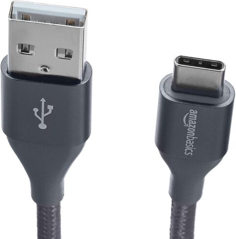 كابل شاحن سريع Amazon Basics USB-C إلى USB-A 2.0، سلك مجدول من النايلون، سرعة 480 ميجا بت في الثانية، معتمد من USB-IF، لهاتف Apple iPhone 15، iPad، Samsung Galaxy، الأجهزة اللوحية، أجهزة الكمبيوتر المحمولة، 6 أقدام، رمادي داكن in Kuwait