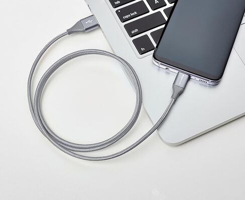 كابل شاحن سريع Amazon Basics USB-C إلى USB-A 2.0، سلك مجدول من النايلون، سرعة 480 ميجا بت في الثانية، معتمد من USB-IF، لهاتف Apple iPhone 15، iPad، Samsung Galaxy، الأجهزة اللوحية، أجهزة الكمبيوتر المحمولة، 6 أقدام، رمادي داكن in Kuwait