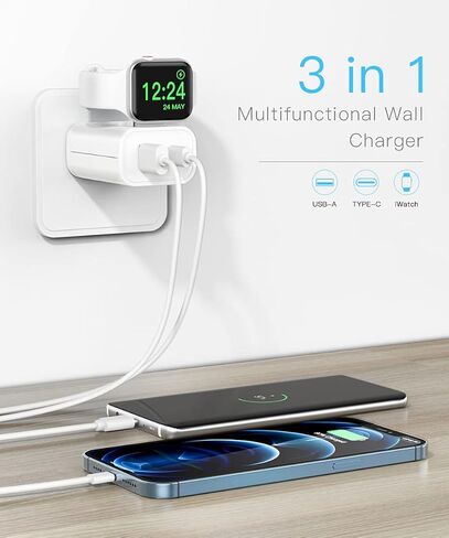 BeaSaf Fast Charger, 24W USB C Charger for iPhone 13/12/Mini/12 Pro Max, Wall Charger with Foldable Apple Watch Wireless Charger, PD Charger for iPhone, AirPods in Saudi Arabia