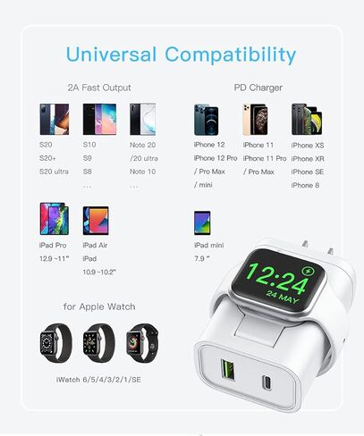 BeaSaf Fast Charger, 24W USB C Charger for iPhone 13/12/Mini/12 Pro Max, Wall Charger with Foldable Apple Watch Wireless Charger, PD Charger for iPhone, AirPods in Saudi Arabia