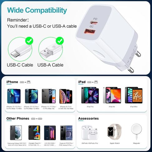 محول USB C، محول قابس أوروبي، 2 حزمة سريعة 20 وات محول طاقة للسفر الأوروبي من النوع C لشواحن الحائط iPhone 17 16 15 14 13 12 11 Pro Max XR XS X 8، Samsung Galaxy S25 A17، iPad، Google Pixel in Kuwait