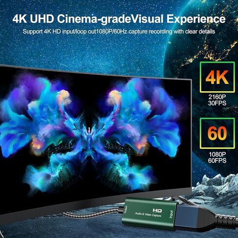 بطاقة التقاط الفيديو، بطاقة التقاط HDMI 4K، تسجيل فيديو صوتي من USB إلى HDMI بدقة 1080P@30 هرتز، 4K@30 هرتز للتدريس والبث والألعاب والبث المباشر ومؤتمرات الفيديو in Kuwait