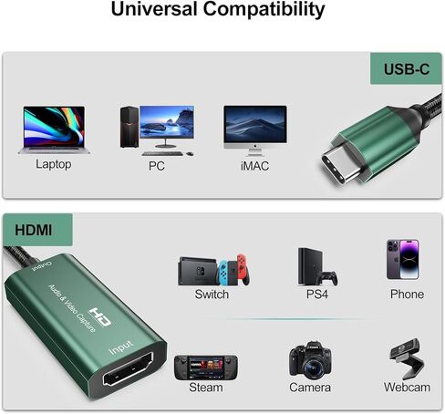 بطاقة التقاط، بطاقة التقاط فيديو SROMGEE USB C إلى HDMI، بطاقة التقاط جهاز التقاط الصوت لتسجيل البث بدقة 1080P@30 هرتز، 4K@30 هرتز للتدريس والبث والألعاب والبث المباشر ومؤتمرات الفيديو in Kuwait