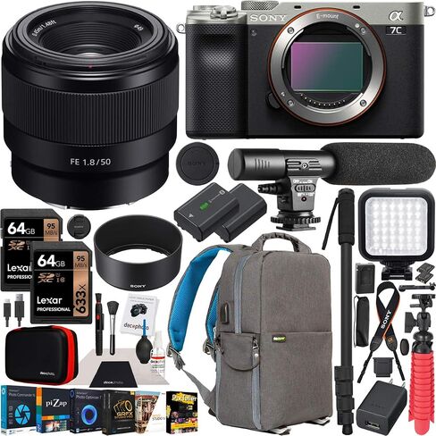 Sony a7C Mirrorless Full Frame Camera Body with Sony FE 50mm F1.8 Full-Frame Lens SEL50F18F Silver ILCE7C/S Bundle with Deco Gear Photography Backpack Case, Software and Accessories in Saudi Arabia