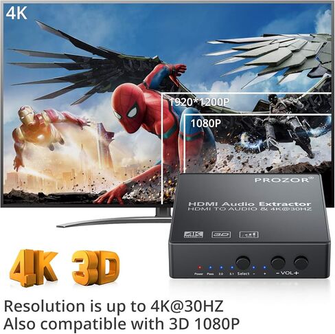 مستخرج صوت PROZOR HDMI مع التحكم في مستوى الصوت 4K، HDMI إلى Spdif بصري Toslink + R/L(RCA) + 3.5 ملم صوت ستيريو يدعم 4K 3D 1080P in Kuwait