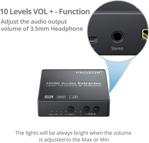 مستخرج صوت PROZOR HDMI مع التحكم في مستوى الصوت 4K، HDMI إلى Spdif بصري Toslink + R/L(RCA) + 3.5 ملم صوت ستيريو يدعم 4K 3D 1080P in Kuwait