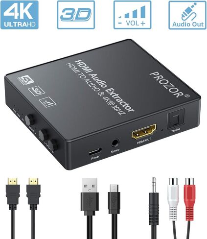 مستخرج صوت PROZOR HDMI مع التحكم في مستوى الصوت 4K، HDMI إلى Spdif بصري Toslink + R/L(RCA) + 3.5 ملم صوت ستيريو يدعم 4K 3D 1080P in Kuwait