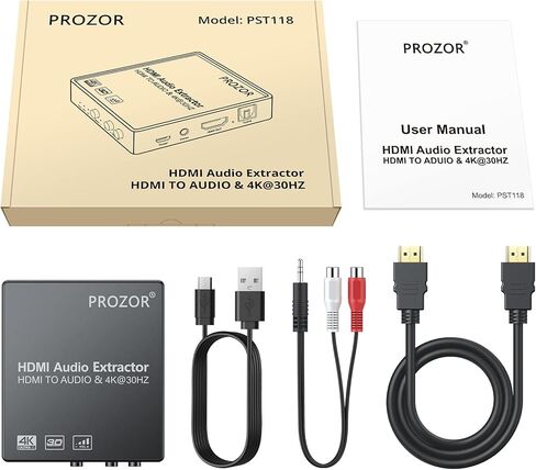 مستخرج صوت PROZOR HDMI مع التحكم في مستوى الصوت 4K، HDMI إلى Spdif بصري Toslink + R/L(RCA) + 3.5 ملم صوت ستيريو يدعم 4K 3D 1080P in Kuwait
