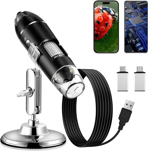 مجهر رقمي USB، OJR 50X-1600X مجهر رقمي محمول مع حامل قابل للتعديل، متوافق مع هواتف Android وMac وWindows PC (أسود) in Kuwait