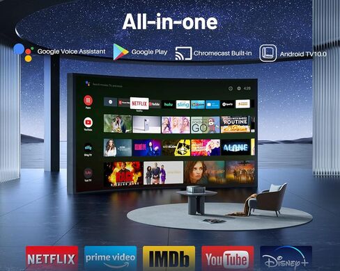 جهاز عرض GooDee مدعوم بدقة 4K، جهاز عرض خارجي مزود بواي فاي وبلوتوث، جهاز عرض تلفزيون Android مع تركيز تلقائي ومحرك بصري مغلق بالكامل للأفلام، Netflix/Prime Video مدمج، أكثر من 8000 تطبيق in Kuwait