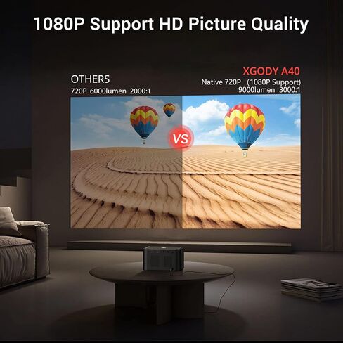 Autofocu Smart Projector with Android TV OS, Xgody A40 9000L Mini Projector with WiFi and Bluetooth, 1080P Support HD Home Theater Projector with Netflix 7000+APPs Bulit-in Hi-Fi Speaker and Remote in Kuwait