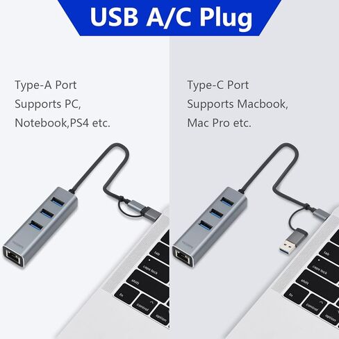 USB C to Ethernet Adapter YICORPS 3 Port USB 3.0 Expander Hub to RJ45 LAN with Gigabit Ethernet LAN Adapter for MacBook/Windows 10/8.1/Surface Pro/Chromebook/Linux and More Laptop in Saudi Arabia
