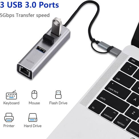 USB C to Ethernet Adapter YICORPS 3 Port USB 3.0 Expander Hub to RJ45 LAN with Gigabit Ethernet LAN Adapter for MacBook/Windows 10/8.1/Surface Pro/Chromebook/Linux and More Laptop in Saudi Arabia