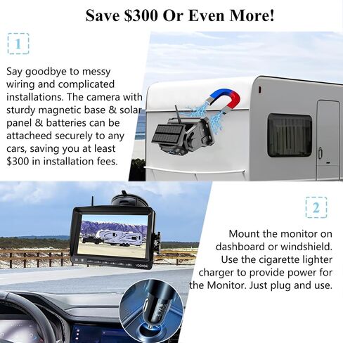 Wireless Magnetic Backup Camera, 15000mAh Battery Powered Rechargeable Waterproof HD Solar Back Up Rear View Bluetooth Hitch Camera with 7 Inch 1080P Monitor System for Car Truck Trailer RV VN003 in Saudi Arabia