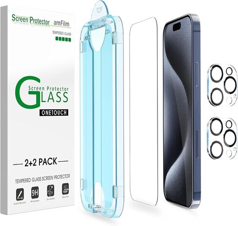 amFilm OneTouch 2+2 Pack Compatible with iPhone 15 Pro Screen Protector 6.1" Tempered Glass with Camera Lens Protector Accessories, Premium Easiest Installation Kit 9H HD, Case Friendly in Saudi Arabia