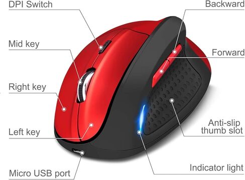 كينجتوب ماوس العاب لاسلكي 2.4G قابل لاعادة الشحن بتصميم عمودي مريح لاجهزة النوت بوك والكمبيوتر واللابتوب وماك بوك - احمر in Kuwait